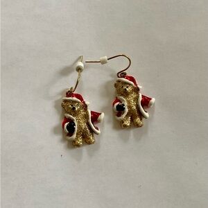 Santa Bear Christmas Earrings Gold Metal w/ Hooks